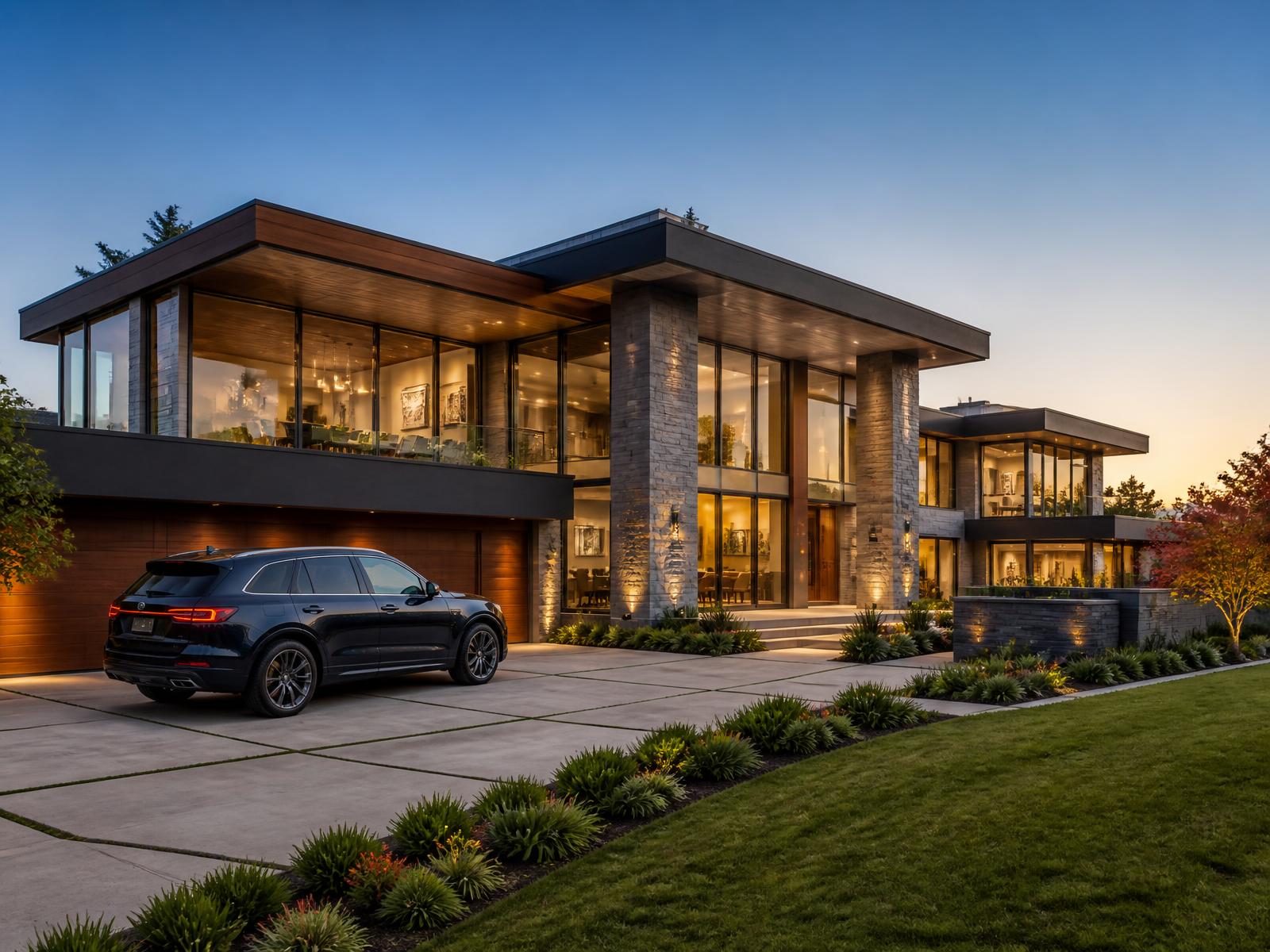 Modern luxury home with a premium vehicle in the driveway at golden hour