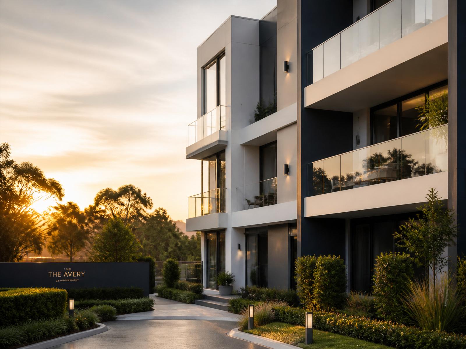 Modern luxury apartment building at golden hour